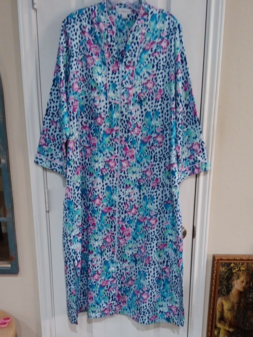 Miss Elaine Zip Front Robe M Blue Floral Leopard House Coat Dress Lounger 861196